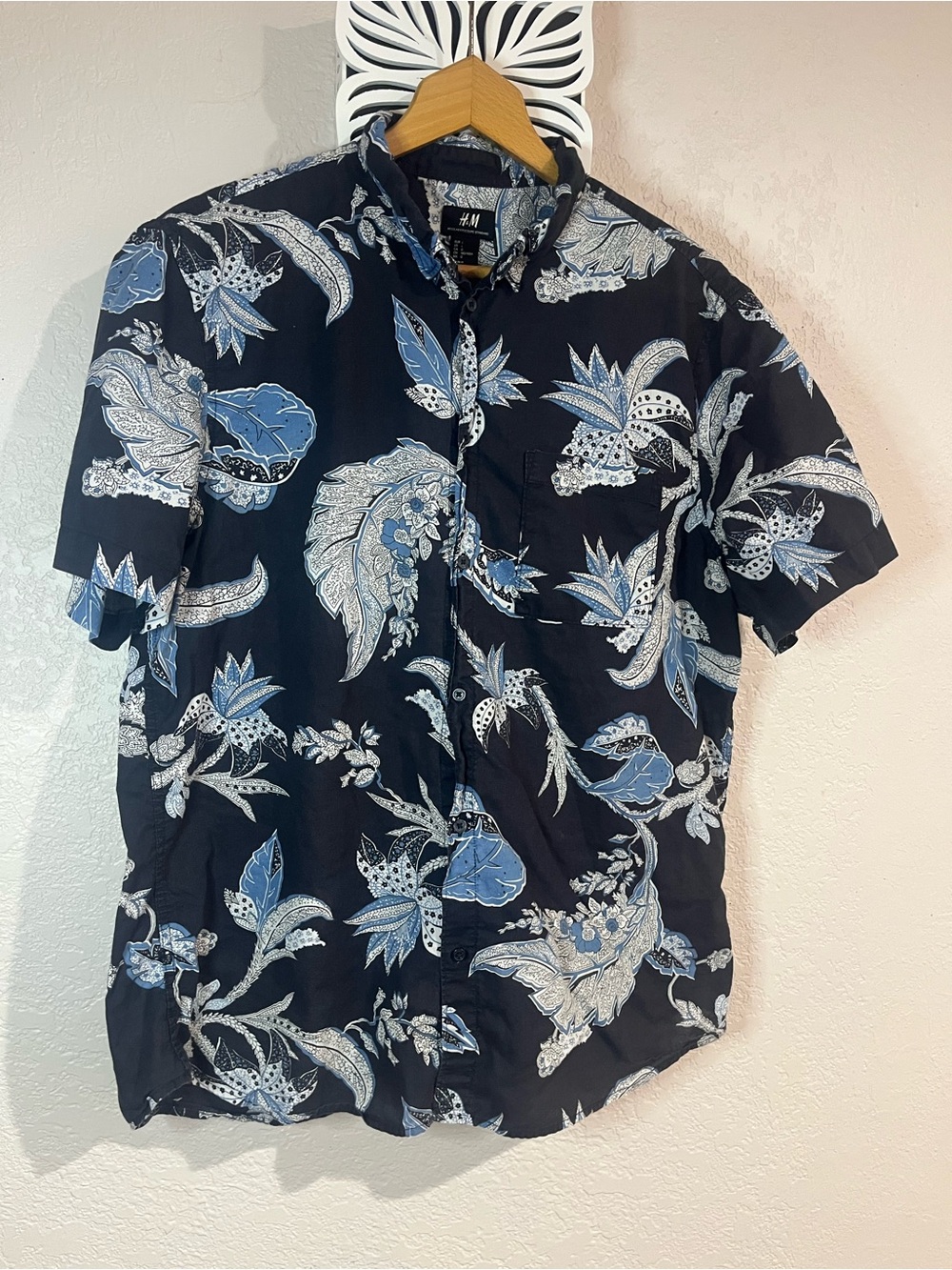 H&M Navy Short-Sleeve Button-Up with Blue Floral Print